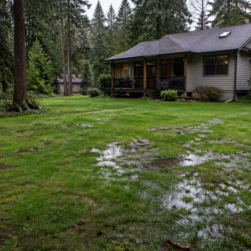Rain-soaked Vancouver Island yard with soggy lawn showing possible septic system problems after spring rain.