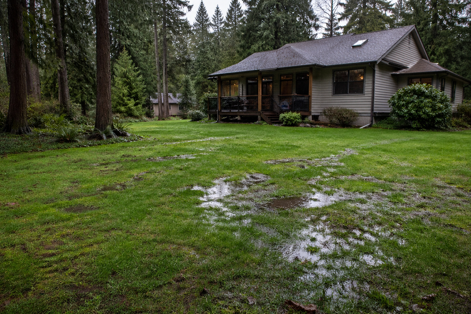 Rain-soaked Vancouver Island yard with soggy lawn showing possible septic system problems after spring rain.
