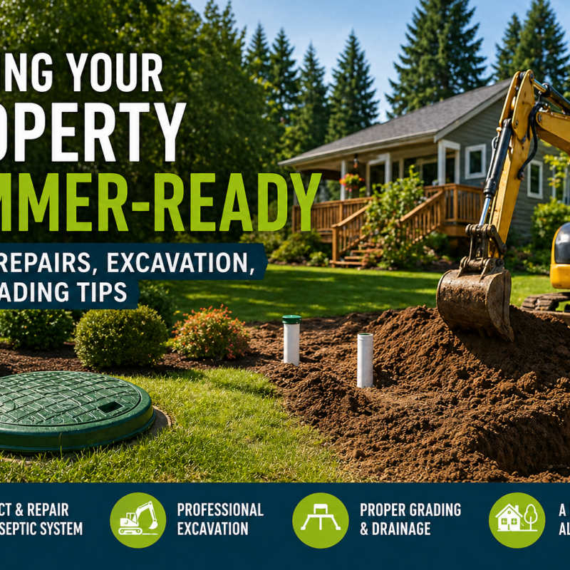 Summer-ready residential property with a septic tank lid, active excavation work, and a landscaped yard, illustrating septic repairs, excavation, and grading tips.