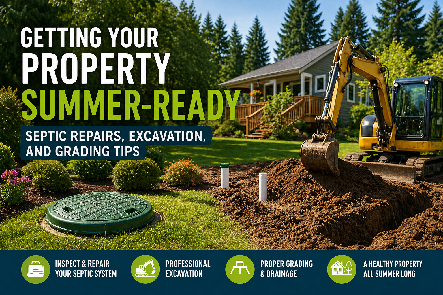 Summer-ready residential property with a septic tank lid, active excavation work, and a landscaped yard, illustrating septic repairs, excavation, and grading tips.
