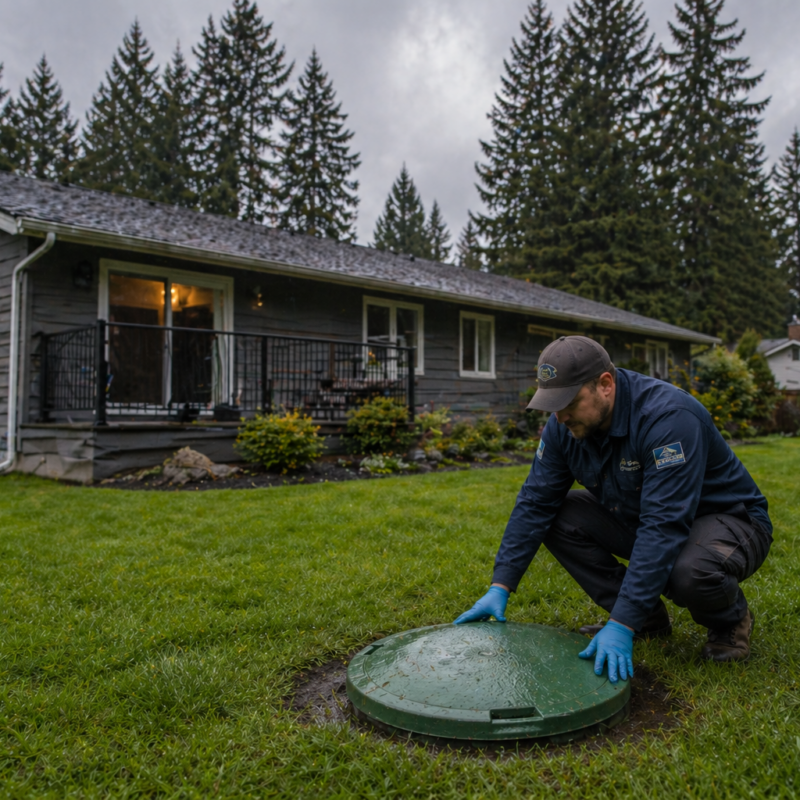A professional septic technician in dark blue work uniform and gloves viewed from a low side angle, crouching beside a green plastic septic tank access lid in a wet backyard lawn in Nanaimo, British Columbia. Camera positioned slightly behind and to the side of the technician, showing more of the house facade and yard depth. Typical Nanaimo single-story rancher home with dark grey horizontal siding, white trim, simple asphalt roof, and a small covered porch with black railing. Lush wet grass from recent rainfall, overcast grey Pacific Northwest sky, soft diffused natural lighting. Surrounded by tall Douglas fir and western red cedar trees, no deciduous trees, no fallen leaves, no sunlight or blue sky. Realistic editorial photography, wide angle lens, cinematic composition, natural colors, high detail.