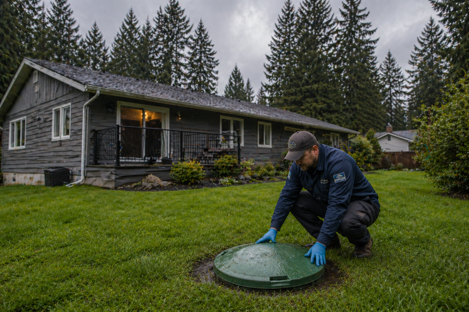 A professional septic technician in dark blue work uniform and gloves viewed from a low side angle, crouching beside a green plastic septic tank access lid in a wet backyard lawn in Nanaimo, British Columbia. Camera positioned slightly behind and to the side of the technician, showing more of the house facade and yard depth. Typical Nanaimo single-story rancher home with dark grey horizontal siding, white trim, simple asphalt roof, and a small covered porch with black railing. Lush wet grass from recent rainfall, overcast grey Pacific Northwest sky, soft diffused natural lighting. Surrounded by tall Douglas fir and western red cedar trees, no deciduous trees, no fallen leaves, no sunlight or blue sky. Realistic editorial photography, wide angle lens, cinematic composition, natural colors, high detail.