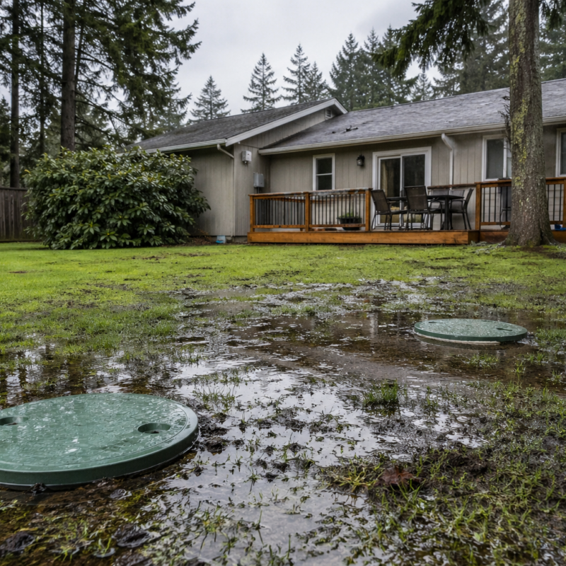 Rain-soaked Central Vancouver Island yard with puddles, septic tank covers, and a home in the background, highlighting common spring septic system problems.