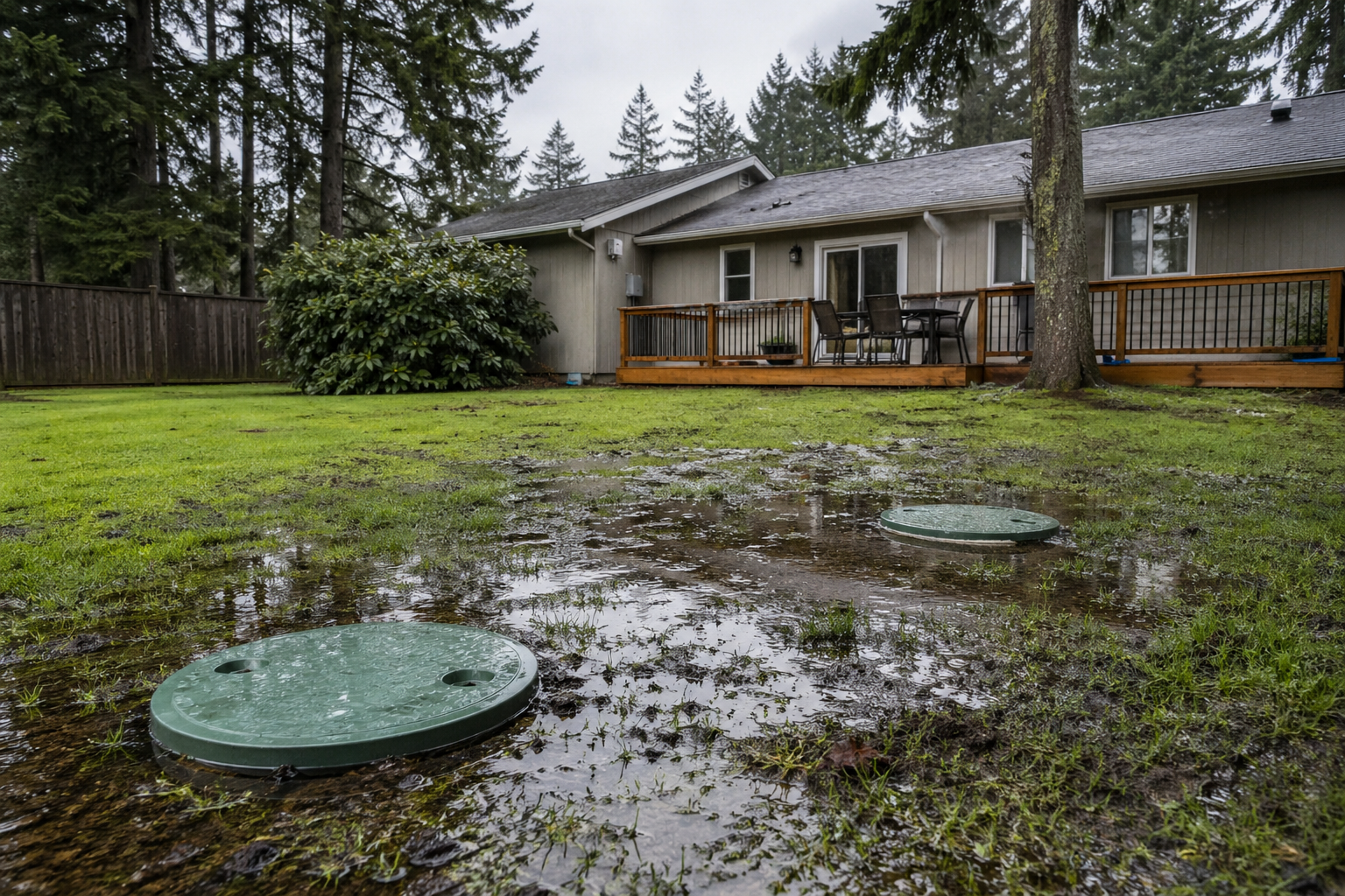 Rain-soaked Central Vancouver Island yard with puddles, septic tank covers, and a home in the background, highlighting common spring septic system problems.