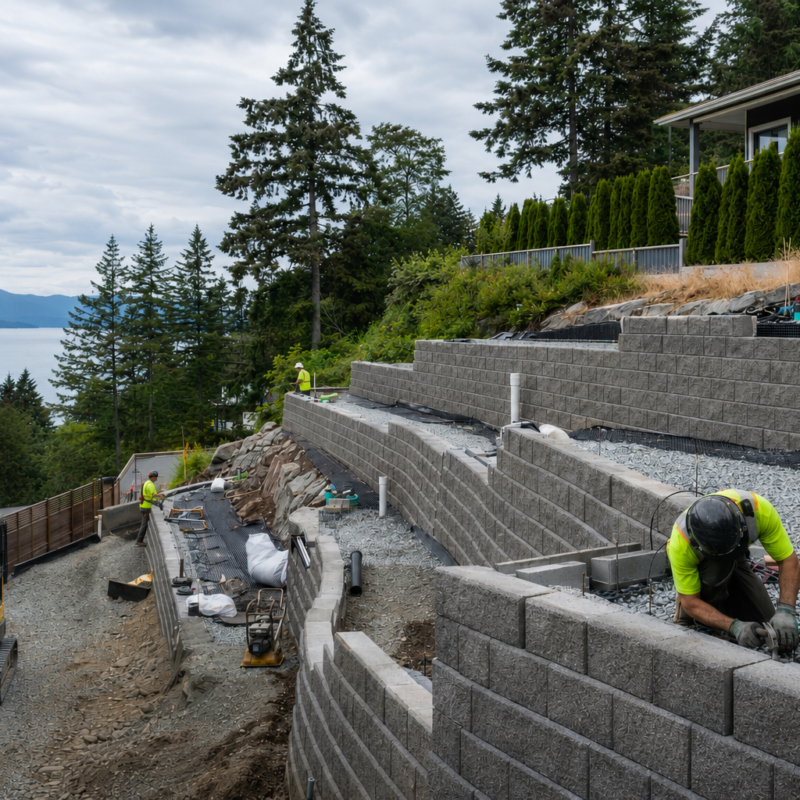 tiered retaining wall system being built on a sloped Vancouver Island residential property.