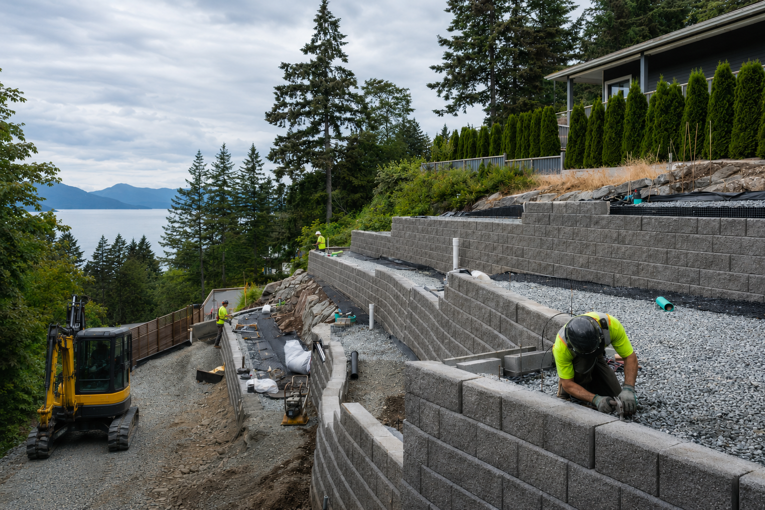 tiered retaining wall system being built on a sloped Vancouver Island residential property.