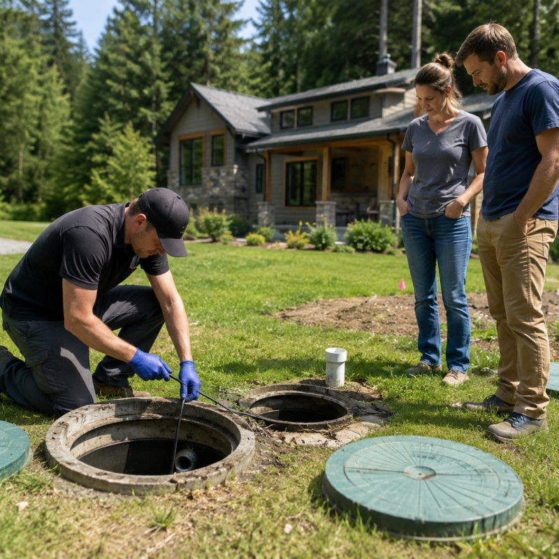 A septic technician inspecting a residential septic system while homeowners review a property during a home purchase on Vancouver Island.