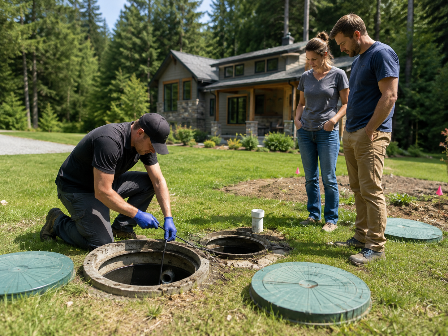 A septic technician inspecting a residential septic system while homeowners review a property during a home purchase on Vancouver Island.